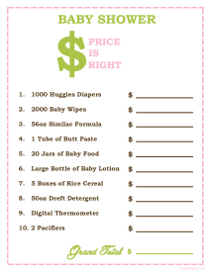 Girls Baby Shower The Price is Right Game