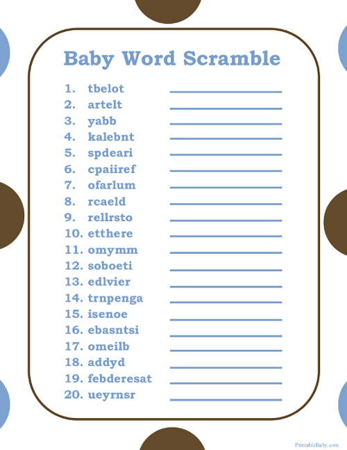 Printable Word Scramble for Baby Shower