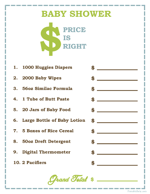 Printable Price is Right Baby Shower Game