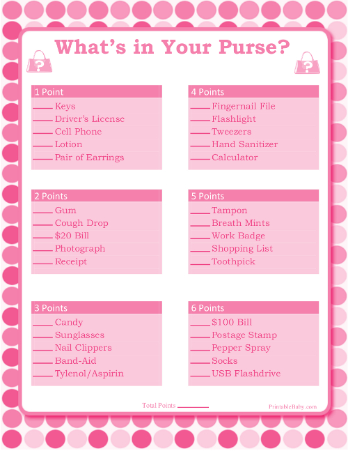 Printable Whats in Your Purse Girls Baby Shower Game